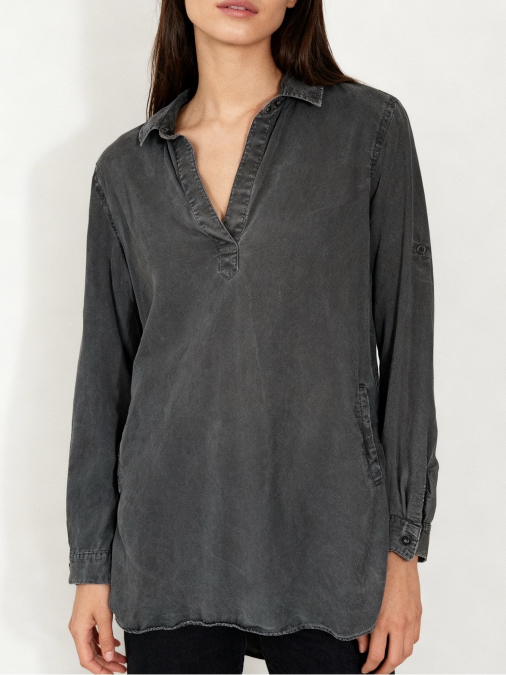 Anthropologie Cloth & Stone TUNIC Top Collar Pocket Lagenlook Minimal XS Relaxed